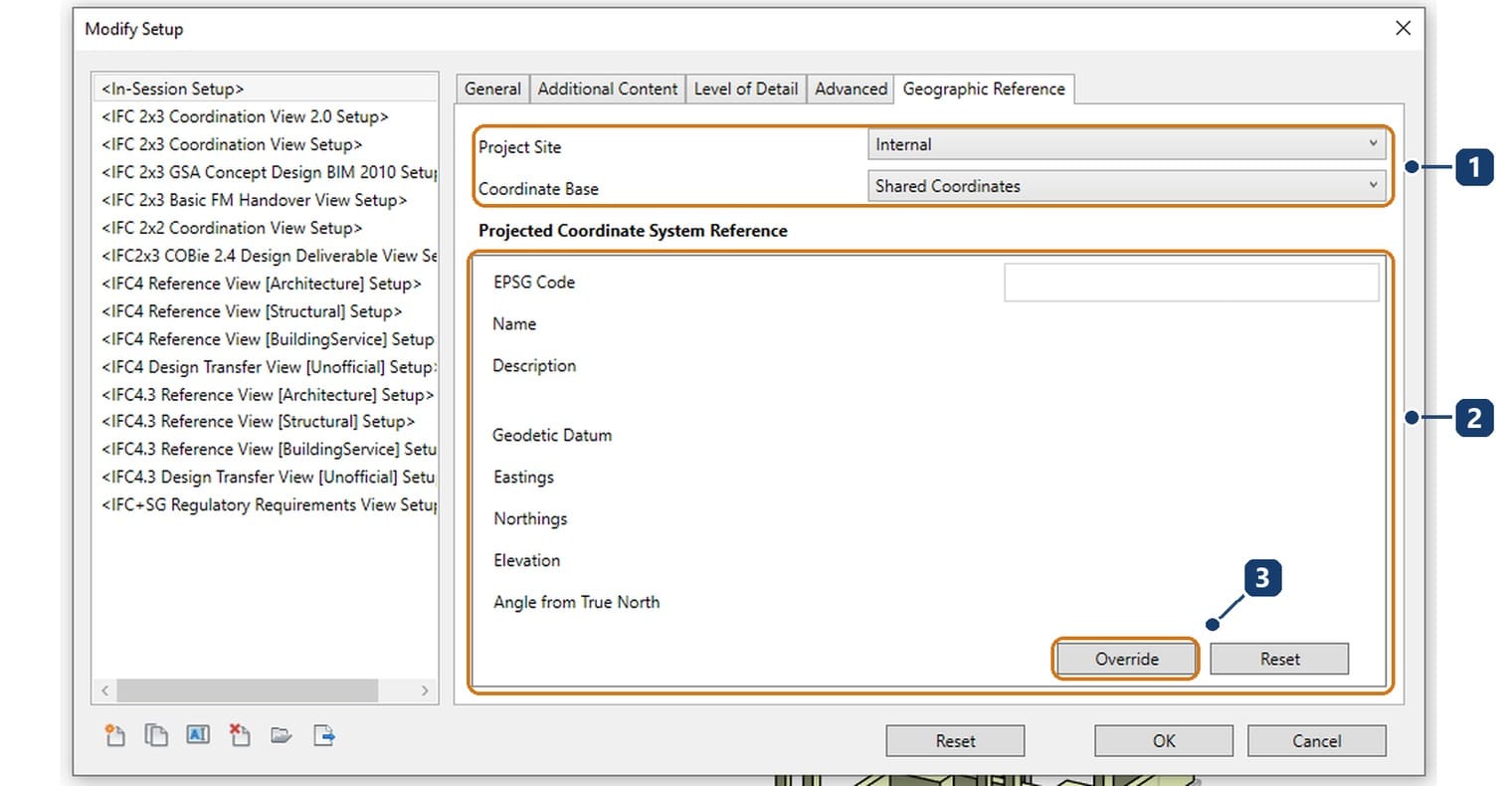 1 Project Site and Coordinate Base. 2 the empty projected coordinate block. 3 the Override button