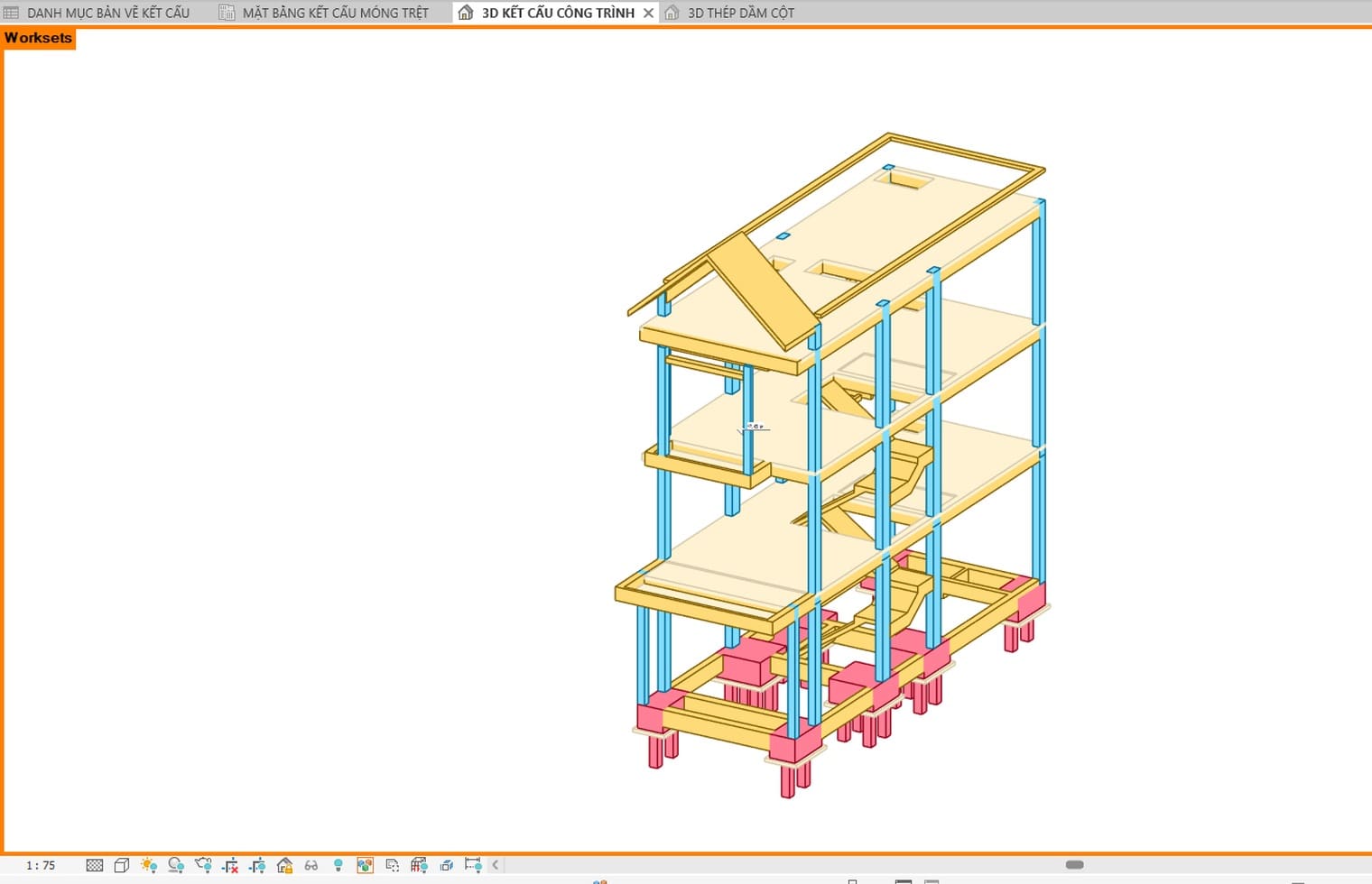Mô hình kết cấu nhà bốn tầng tô màu theo workset: móng một màu, cột một màu, dầm sàn một màu