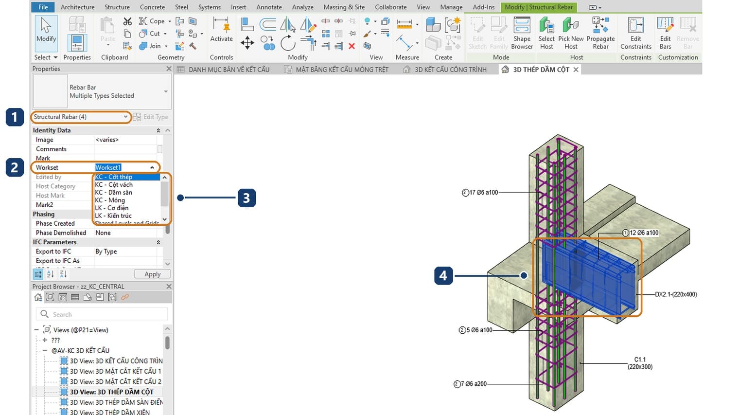 1 loại đang chọn là Structural Rebar; 2 ô Workset; 3 danh sách workset để chọn; 4 cốt thép vừa chọn trong khung nhìn 3D