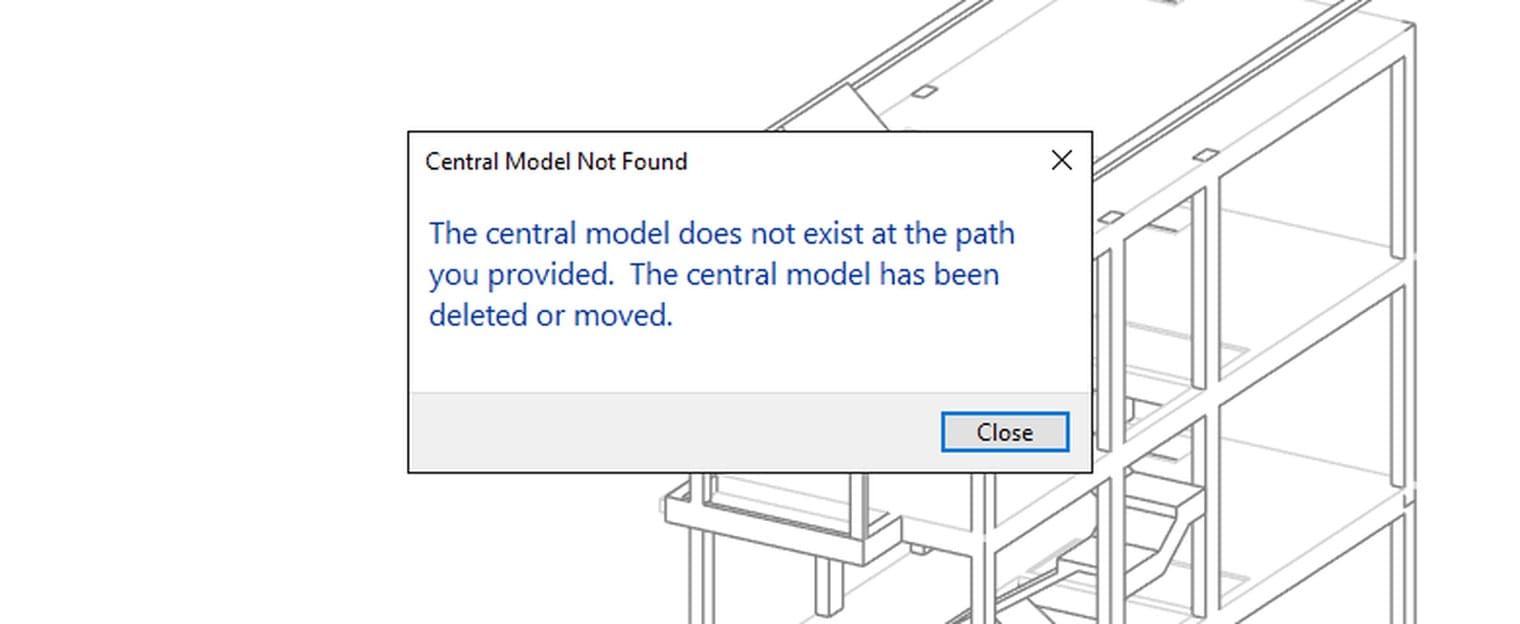 Hộp Central Model Not Found hiện ra khi đồng bộ mà Central đã bị đổi tên hoặc dời chỗ; bấm Close thì Revit báo tiếp File not saved