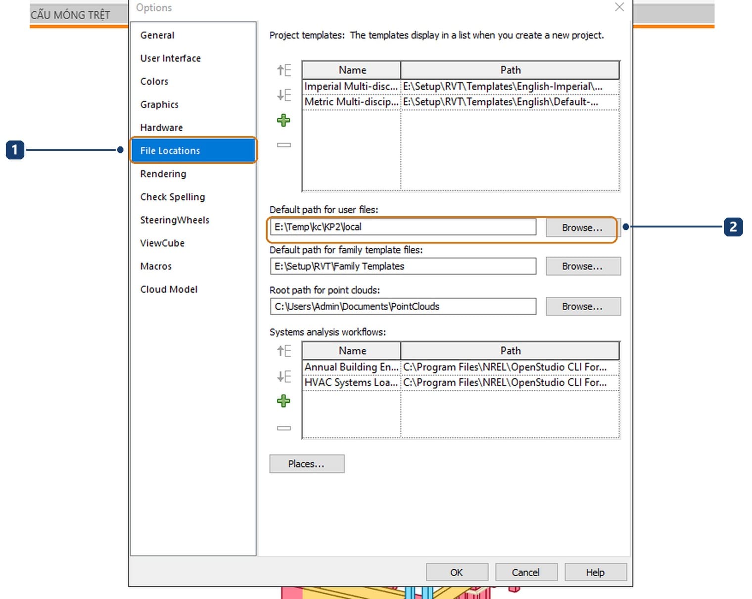 1 mục File Locations; 2 ô Default path for user files và nút Browse