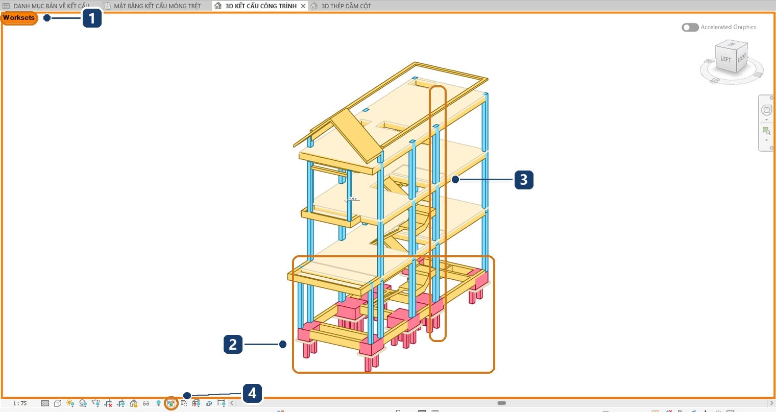 1 nhãn chế độ Worksets; 2 móng và giằng móng; 3 một cột thuộc workset cột vách; 4 nút Worksharing Display