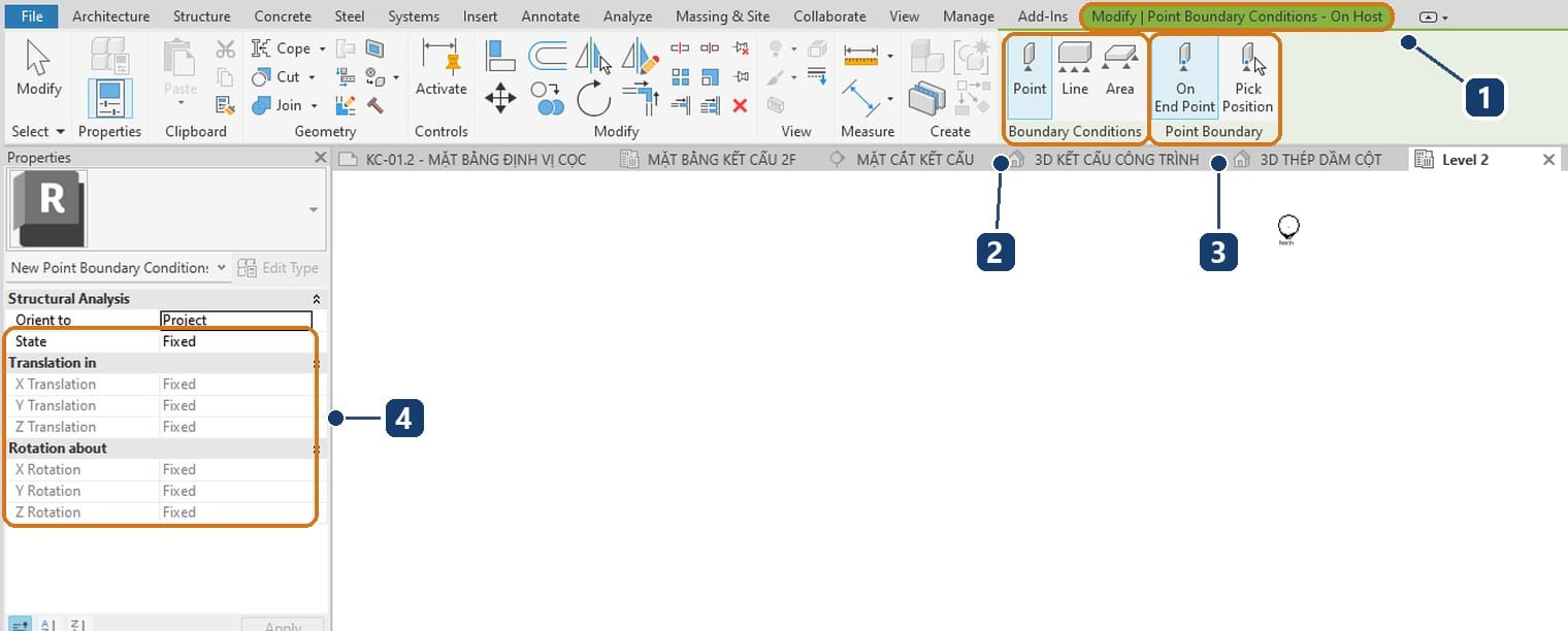 1 the boundary condition contextual tab. 2 Point, Line and Area. 3 On End Point and Pick Position. 4 State Fixed locks all three translations and rotations