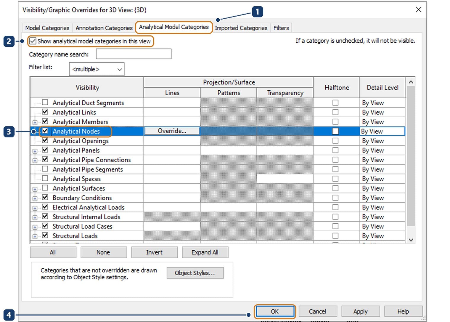 1 the Analytical Model Categories tab. 2 the Show analytical model categories in this view box. 3 tick Analytical Nodes as well. 4 click OK