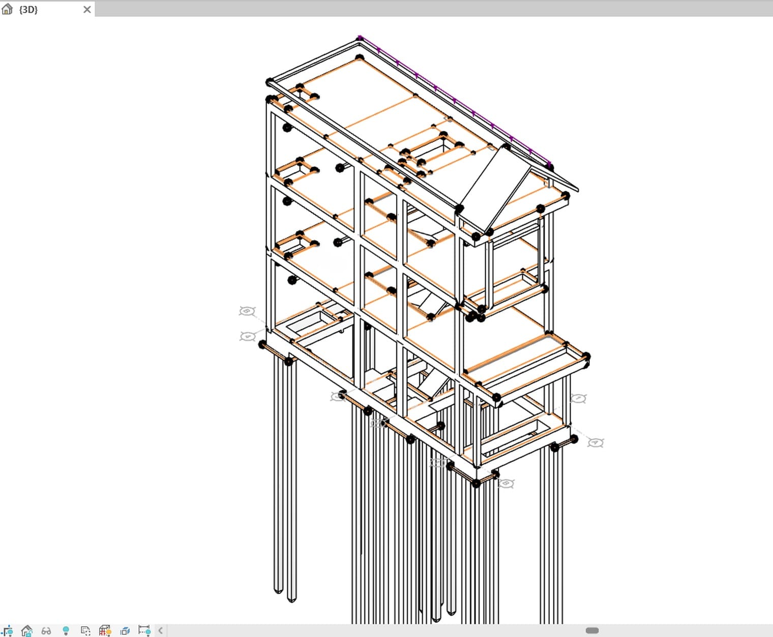 A four-storey building in Revit 2027: the concrete frame of the physical model, orange analytical members, black nodes and a line load on the roof beam