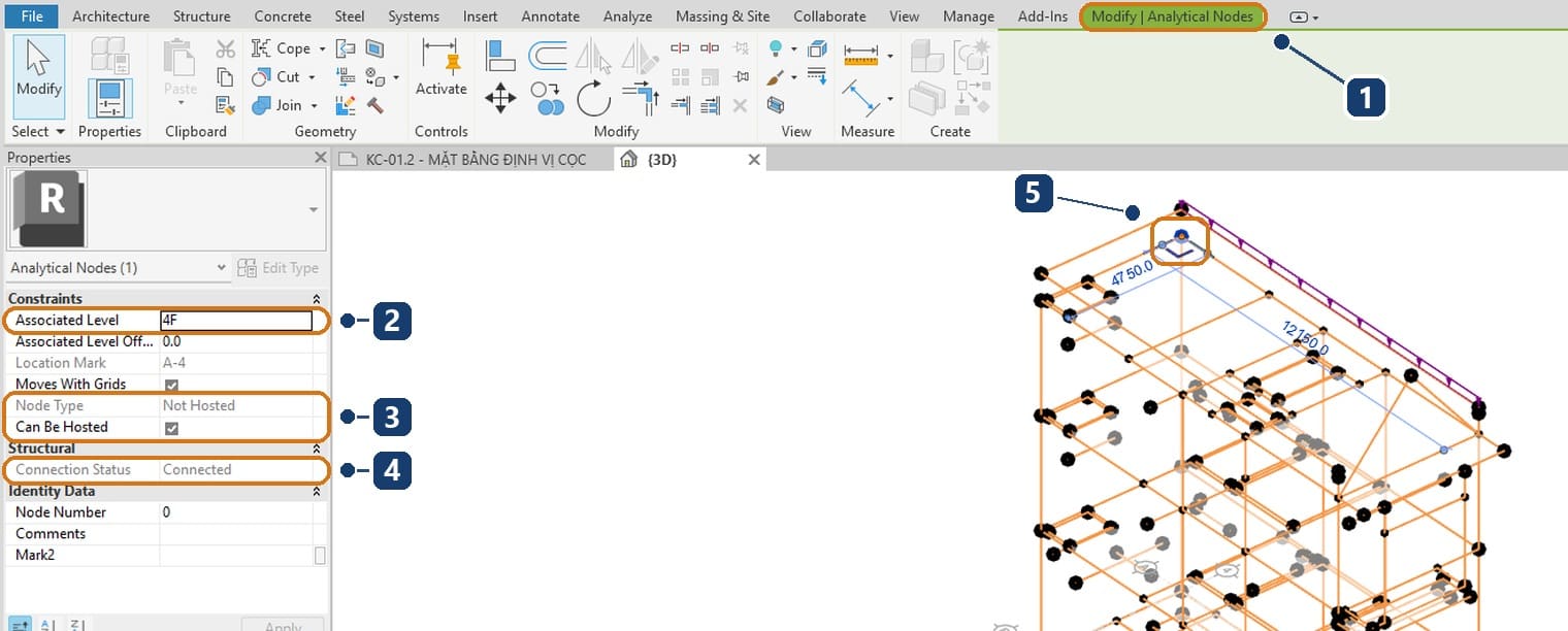 1 the Modify | Analytical Nodes tab. 2 the node belongs to level 4F. 3 Node Type and Can Be Hosted. 4 Connection Status is Connected. 5 the selected node at the roof corner