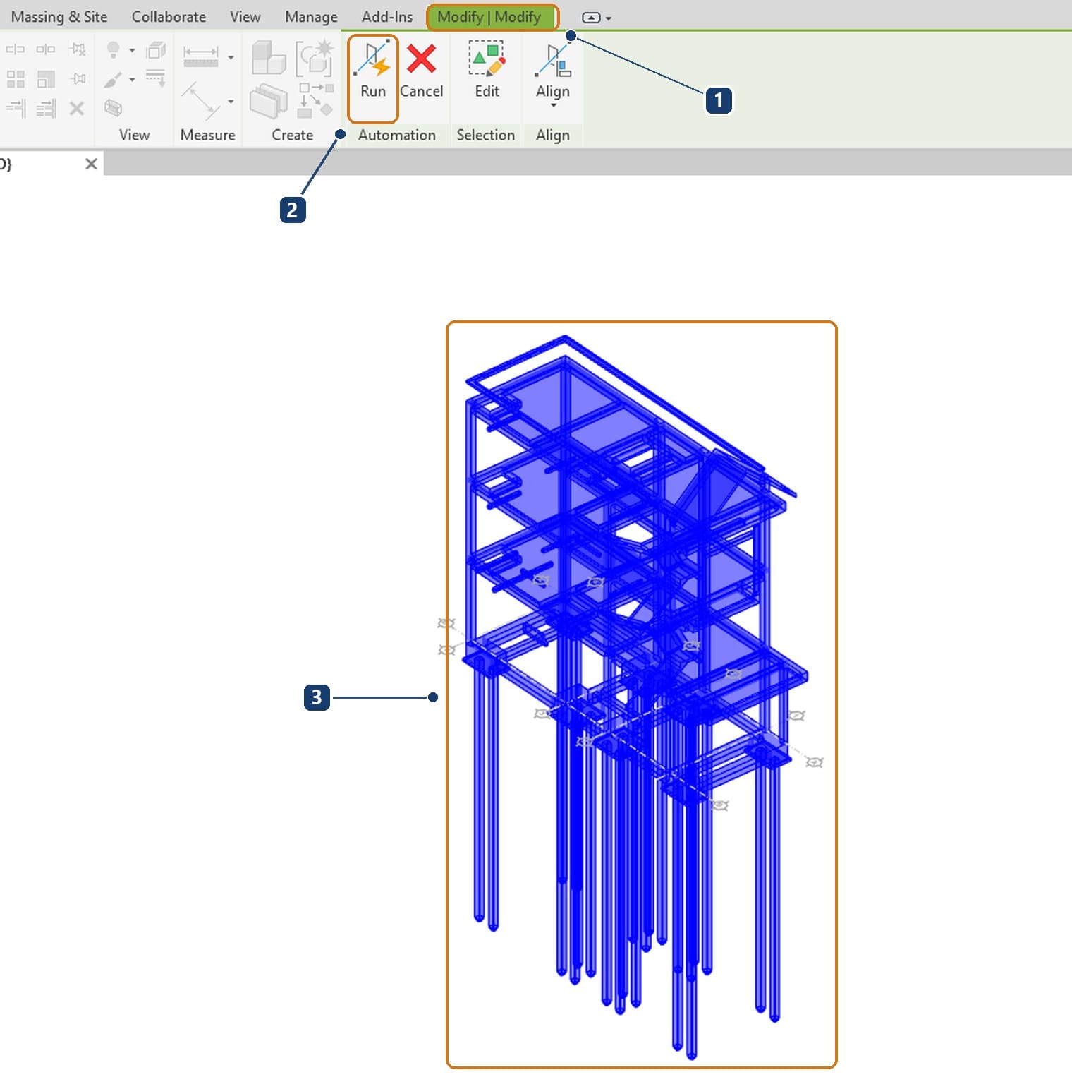 1 the Modify | Modify contextual tab. 2 Run on the Automation panel. 3 the preselected elements