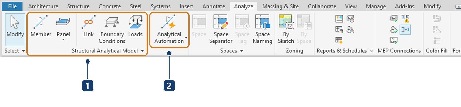 1 the Structural Analytical Model panel with Member, Panel, Link, Boundary Conditions, Loads. 2 the Analytical Automation button with its drop-down arrow