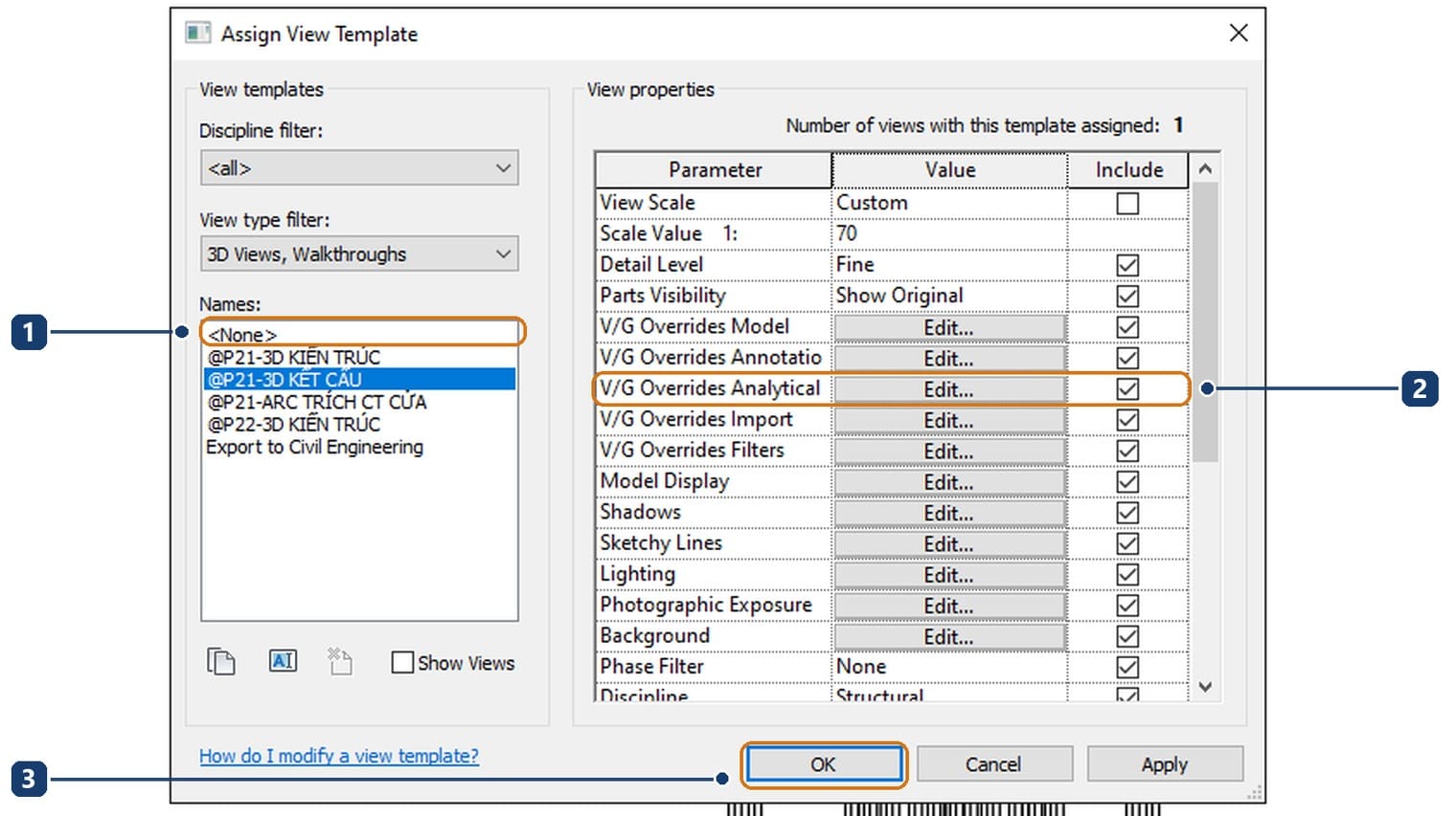 1 pick None to release the view from the template. 2 the template also controls V/G Overrides Analytical. 3 click OK