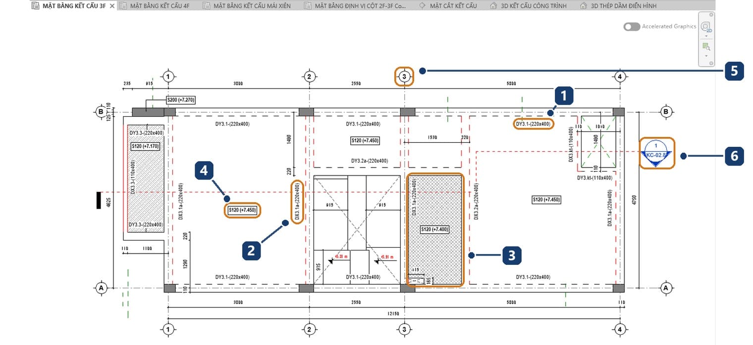 Mặt bằng kết cấu tầng 3 trong Revit 2027 với nhãn dầm, dầm DX tô đỏ, ô sàn hạ cốt gạch chéo, nhãn sàn, đầu trục và ký hiệu mặt cắt