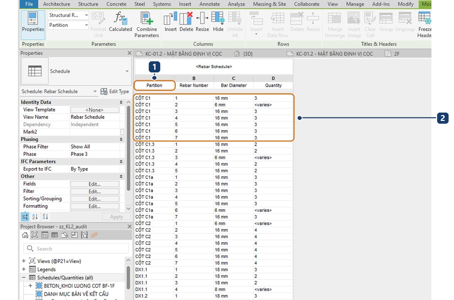 1 cột Partition gom thép theo cấu kiện. 2 bảy số hiệu thanh của nhóm CỘT C1