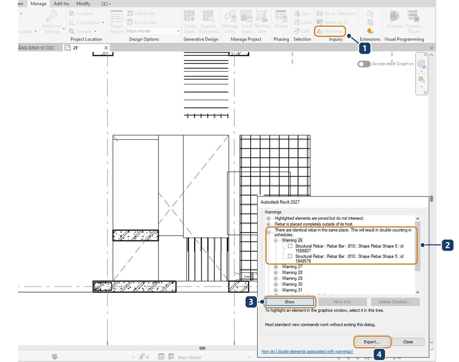 Hộp Warnings của mô hình kết cấu ví dụ trong Revit 2027, nhóm thép trùng chỗ đang mở