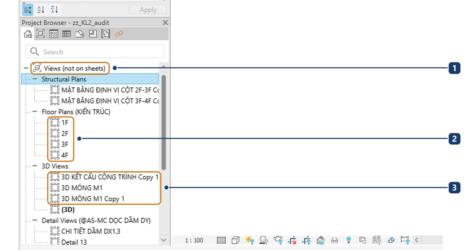 1 nhánh Views not on sheets. 2 bốn mặt bằng kiến trúc 1F đến 4F. 3 hai khung nhìn nháp mang đuôi Copy 1