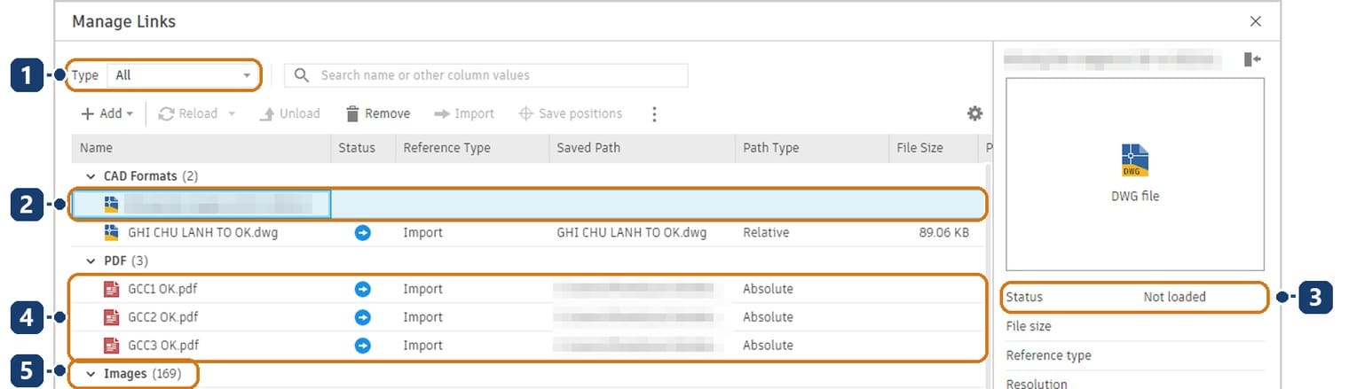 1 bộ lọc Type đang để All. 2 tệp DWG khung tên không nạp. 3 bảng chi tiết ghi Not loaded. 4 ba tệp PDF lưu đường dẫn tuyệt đối. 5 nhóm Images với 169 ảnh