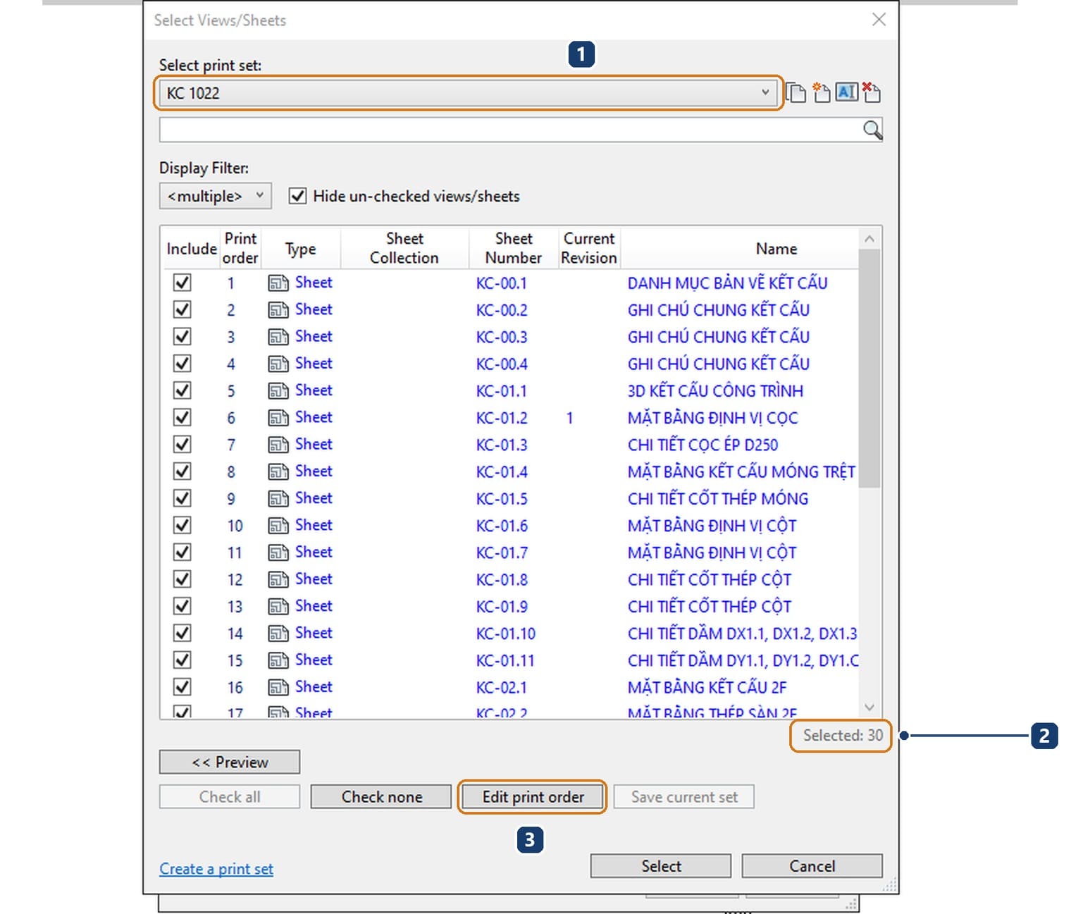 1 bộ in KC 1022. 2 dòng Selected 30. 3 nút Edit print order sắp thứ tự in