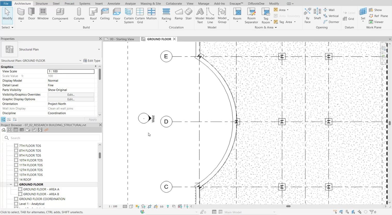 Một mặt bằng trong Revit với đầu trục và chuỗi kích thước giữa các trục