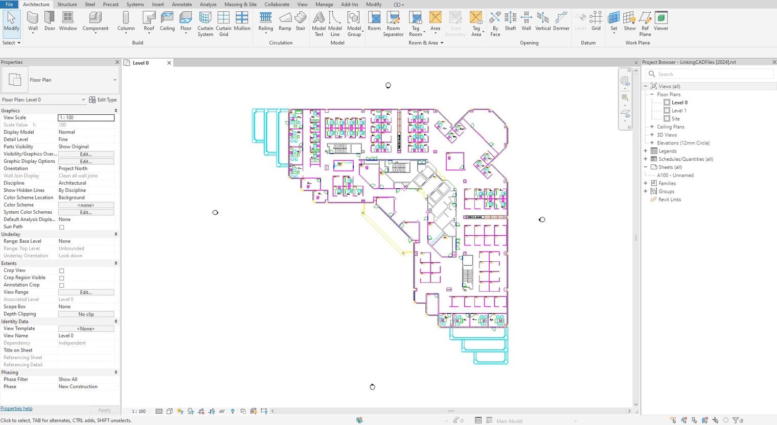 Một bản vẽ CAD đã liên kết, hiện trên mặt bằng của dự án Revit