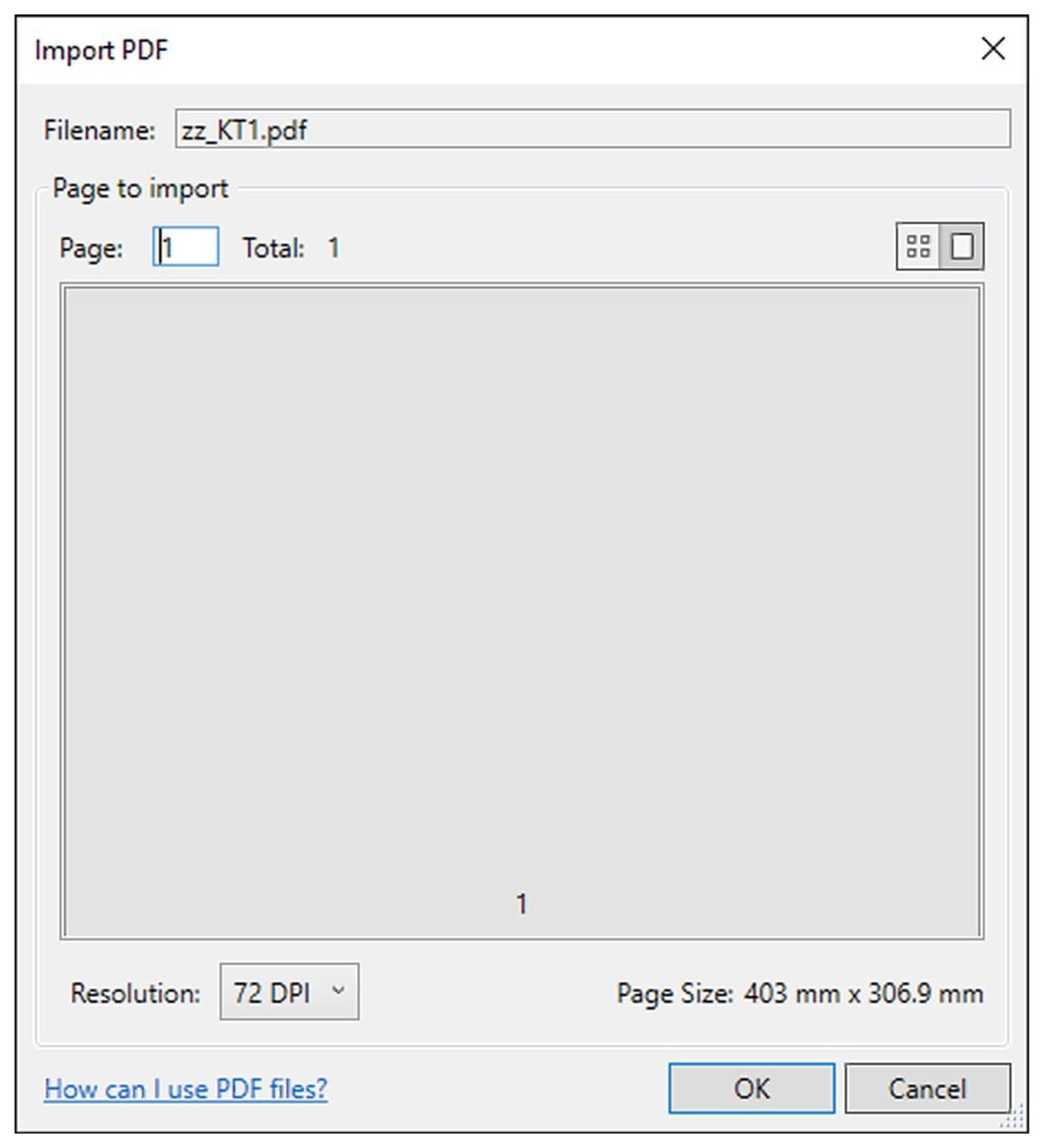 The PDF import dialog