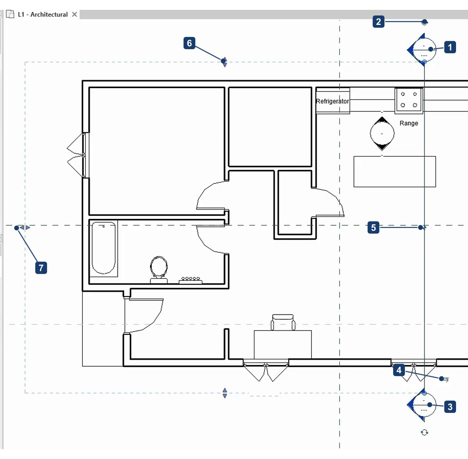 A section line placed in a plan