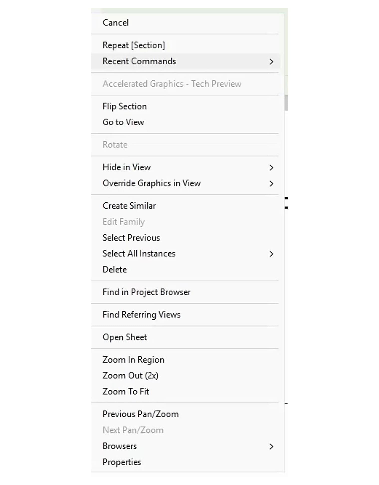 The right-click menu on a section head