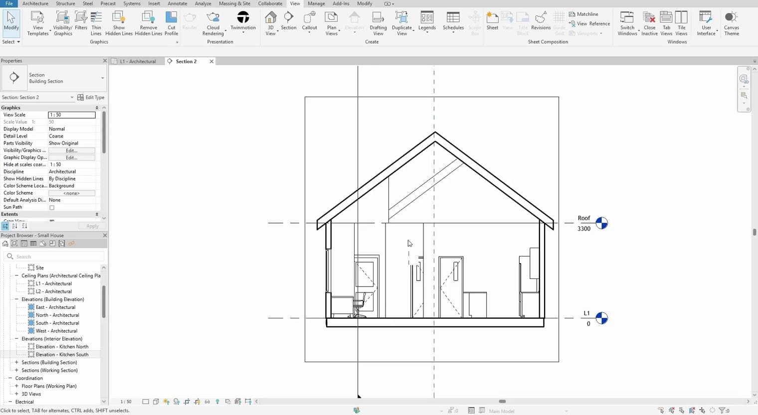 A building section open in Revit, with the view properties palette on the left