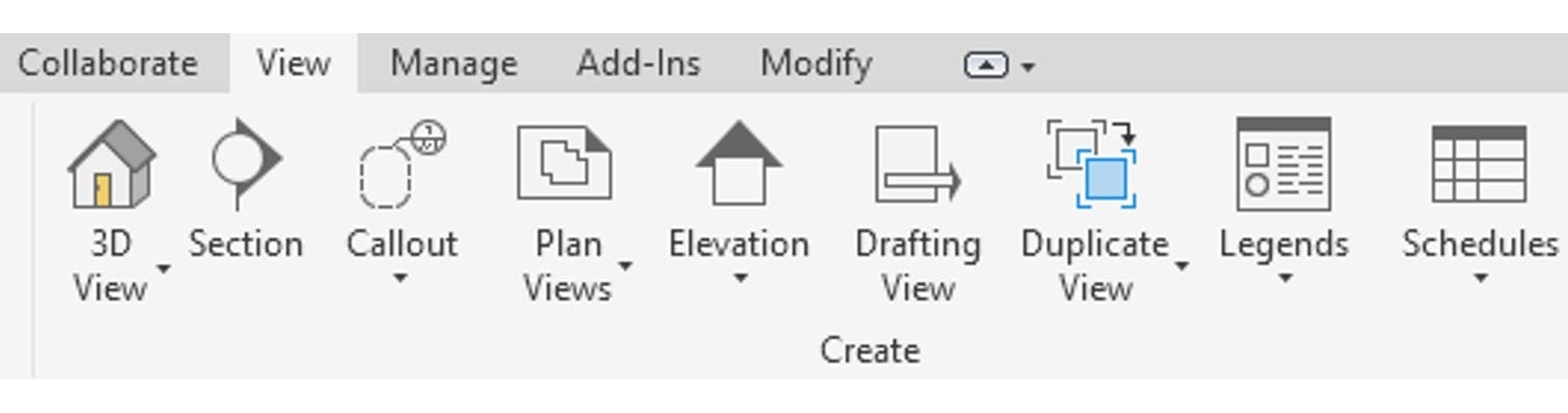 Panel Create trên tab View