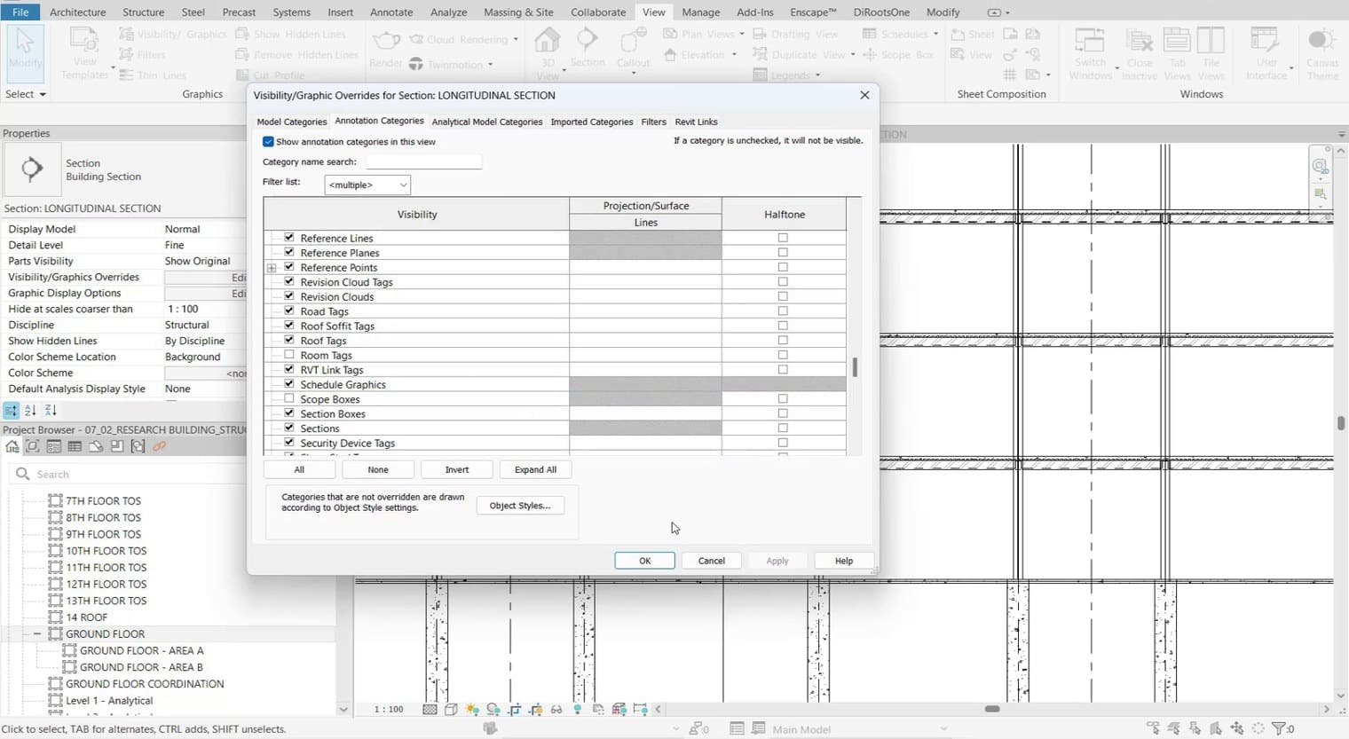 The Visibility/Graphic Overrides dialog open over the Revit interface, on the Annotation Categories tab