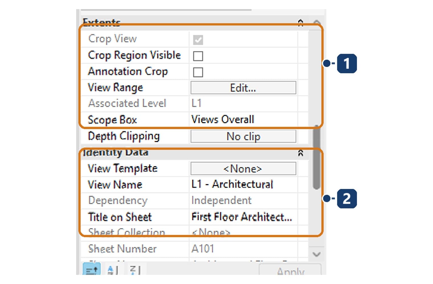 The Extents and Identity Data groups of a plan