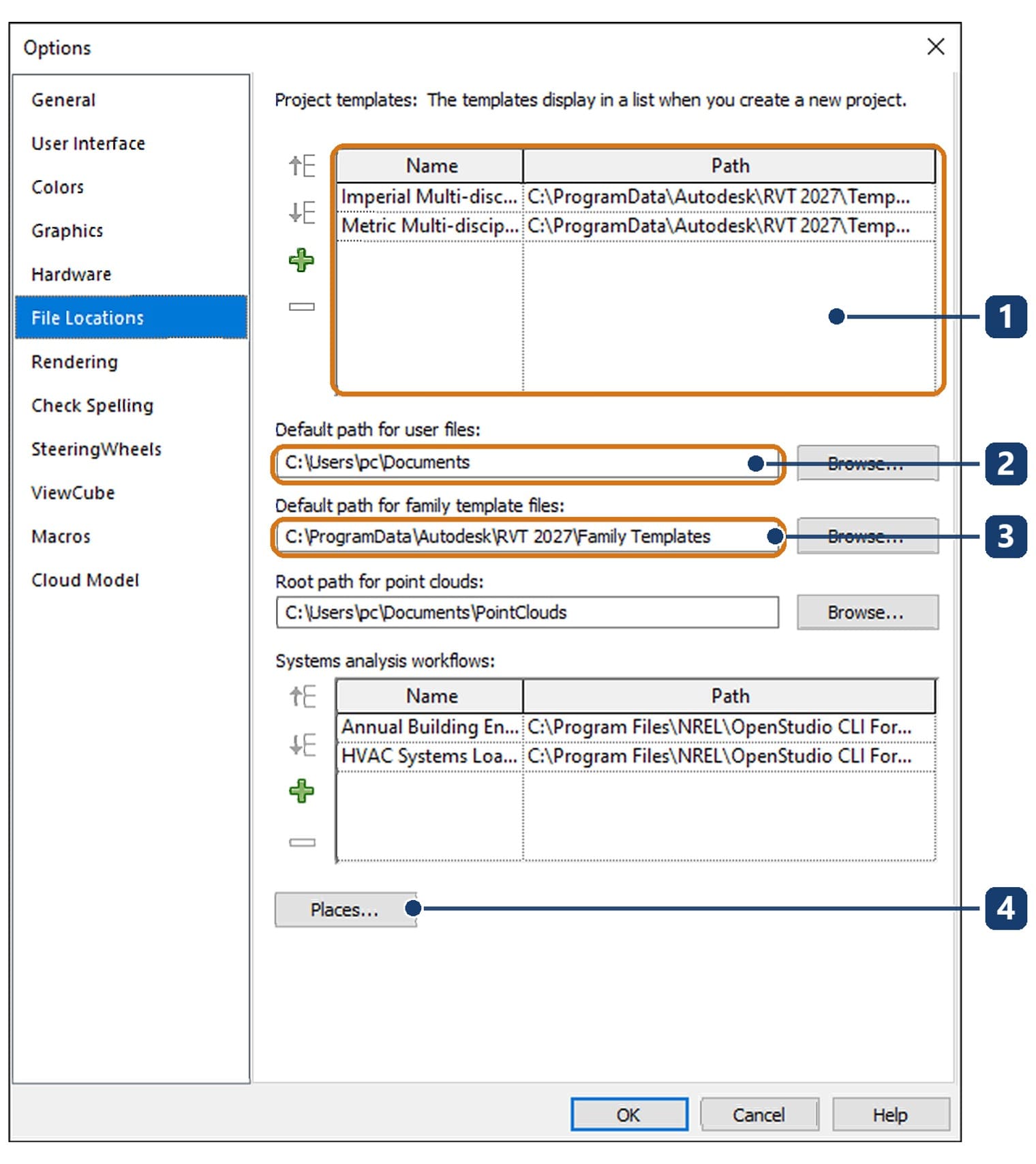 Trang File Locations trong hộp Options