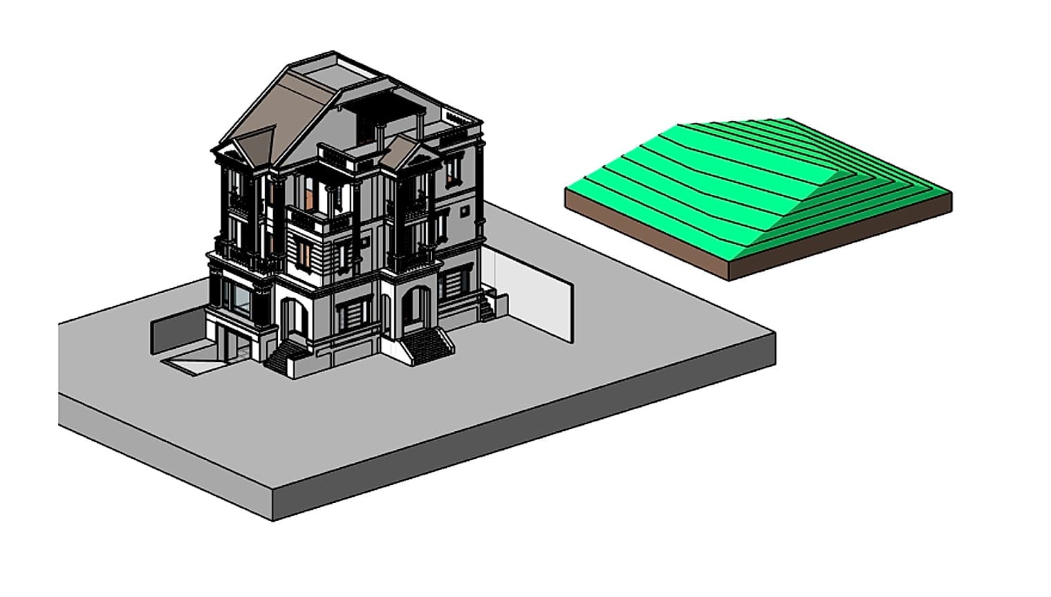 Khối địa hình dốc thành bậc dựng cạnh một công trình trong Revit
