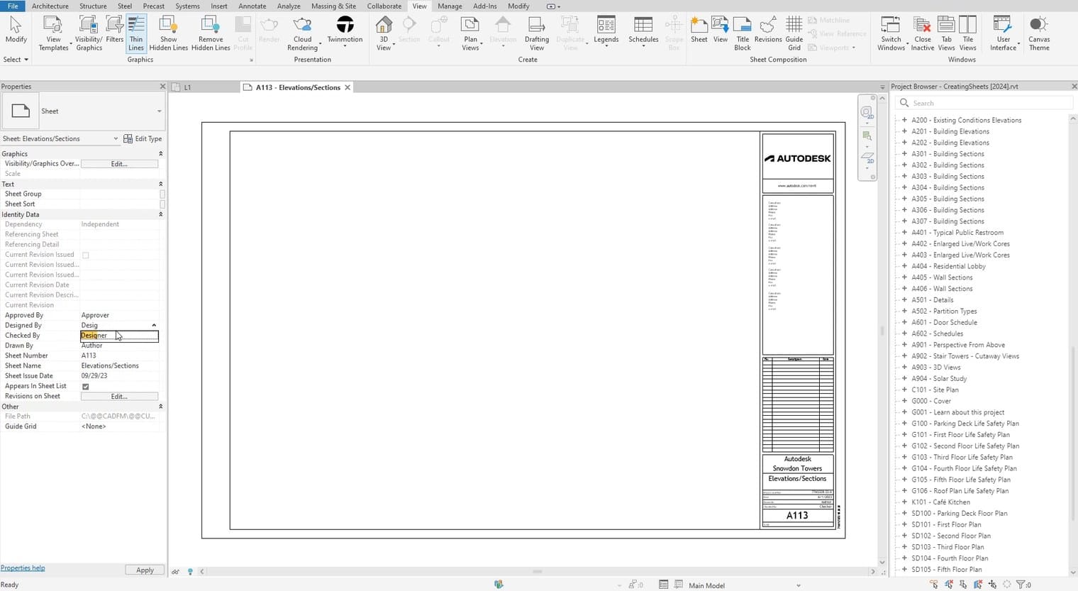 Một tờ bản vẽ trong Revit với khung tên đã nạp, chờ đặt khung nhìn lên