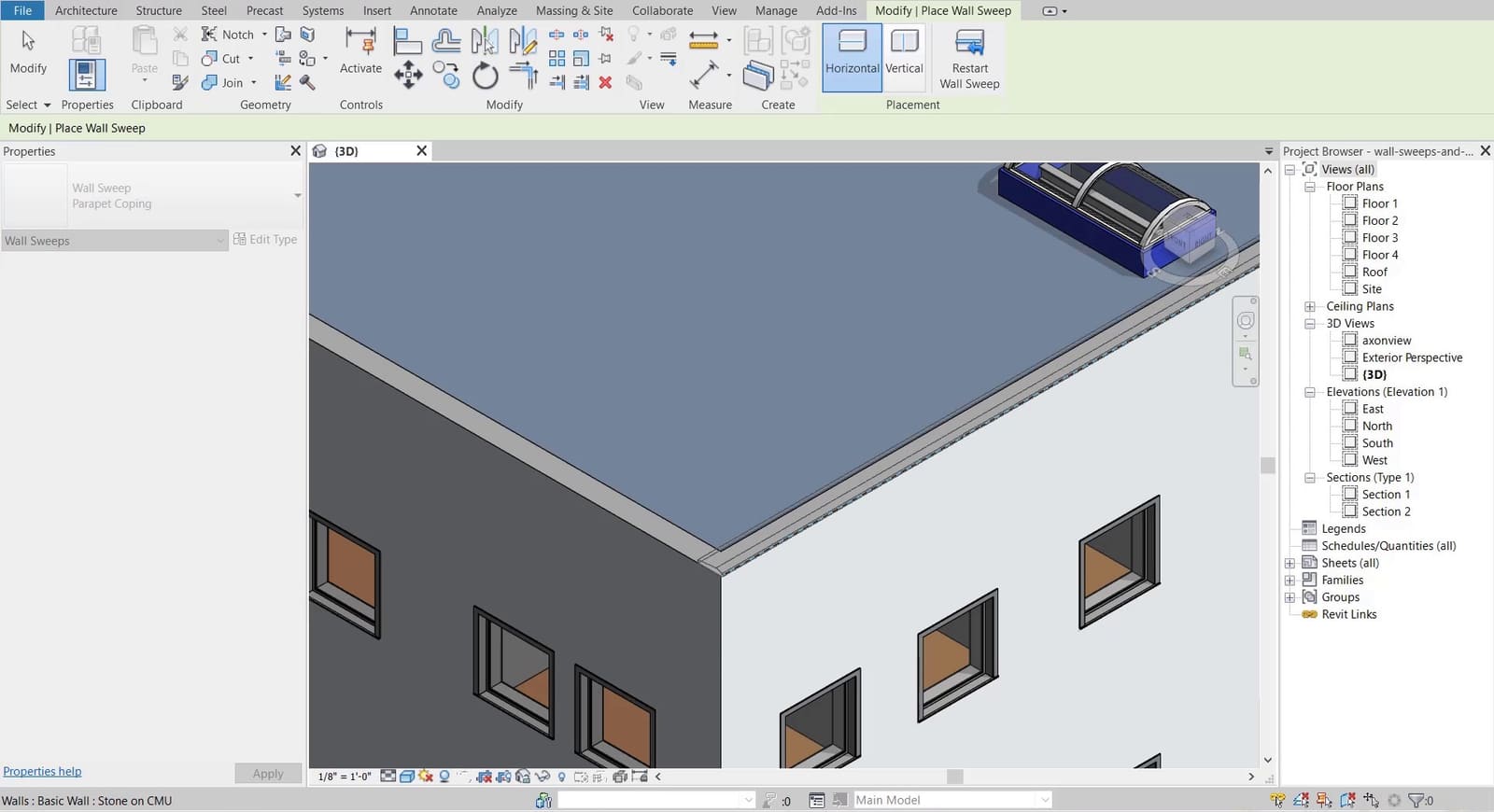 Đặt phào đỉnh tường kiểu Parapet Coping trong khung nhìn 3D, ribbon Modify