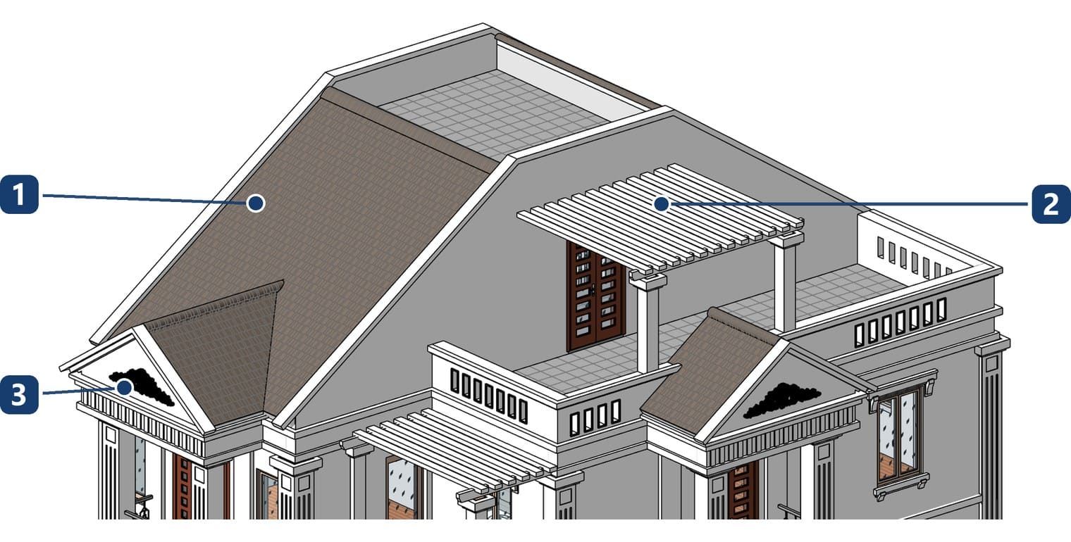 Mái dốc lợp ngói nhìn ba chiều
