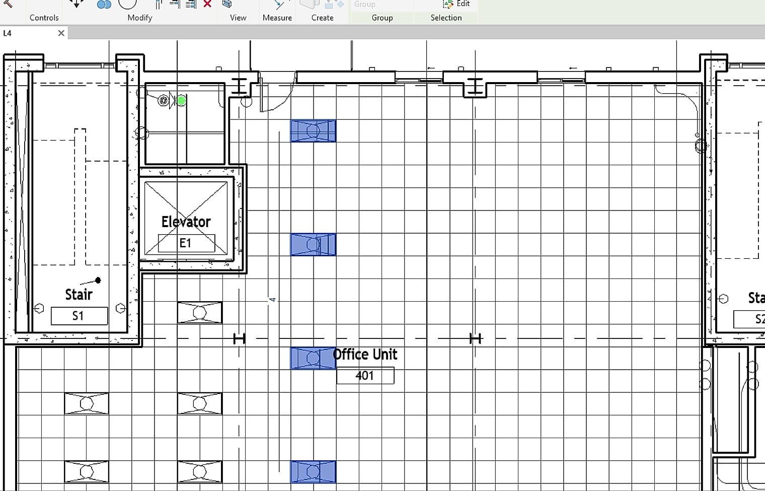 Four elements just arrayed across a Revit floor plan, still highlighted as a selection
