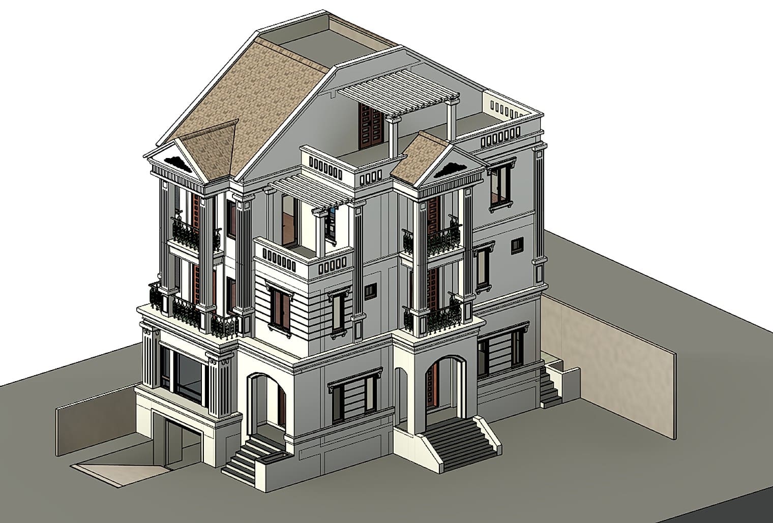 The sample building shown in the Realistic style with material textures and shadows