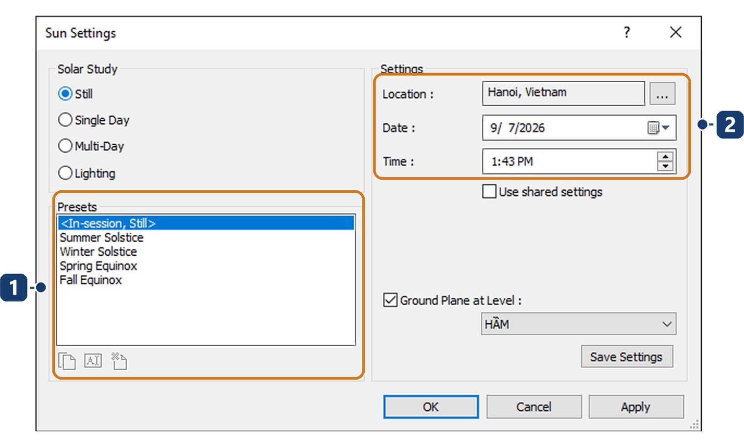 The Sun Settings dialog in Still mode