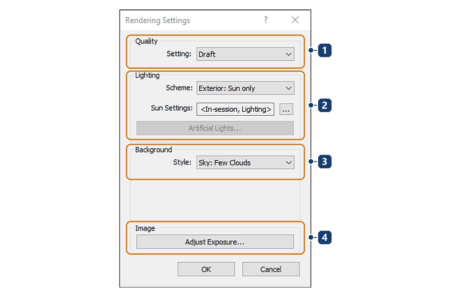 Hộp Rendering Settings mở từ Properties