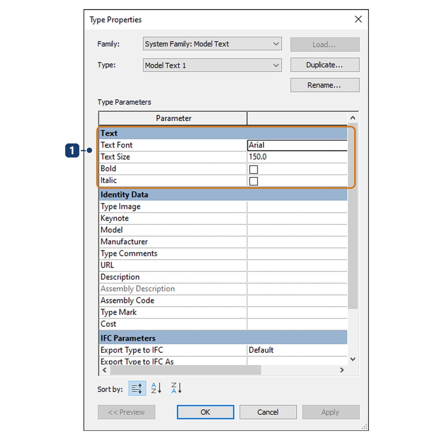 Hộp Type Properties của Model Text