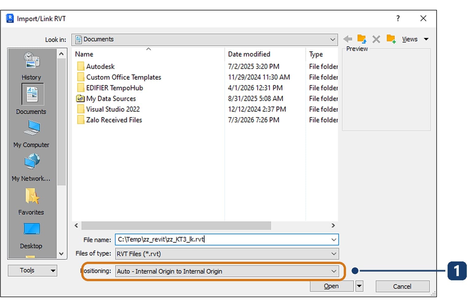 The Import/Link RVT dialog