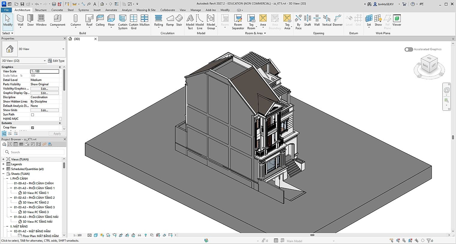 The Revit window with a project open and every working region in place