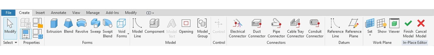 The Create tab of the in-place editor