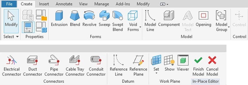Tab Create của trình dựng khối tại chỗ
