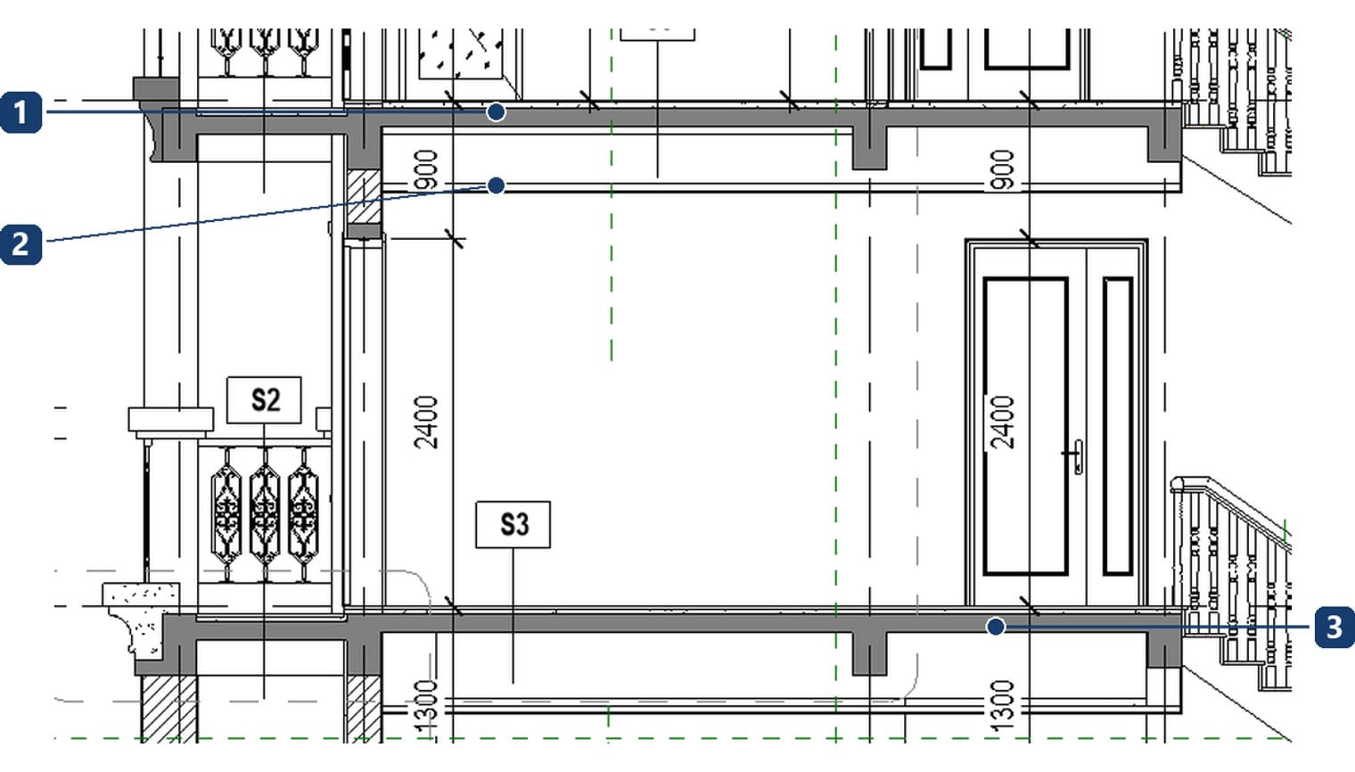 A section through floors and ceilings on two levels