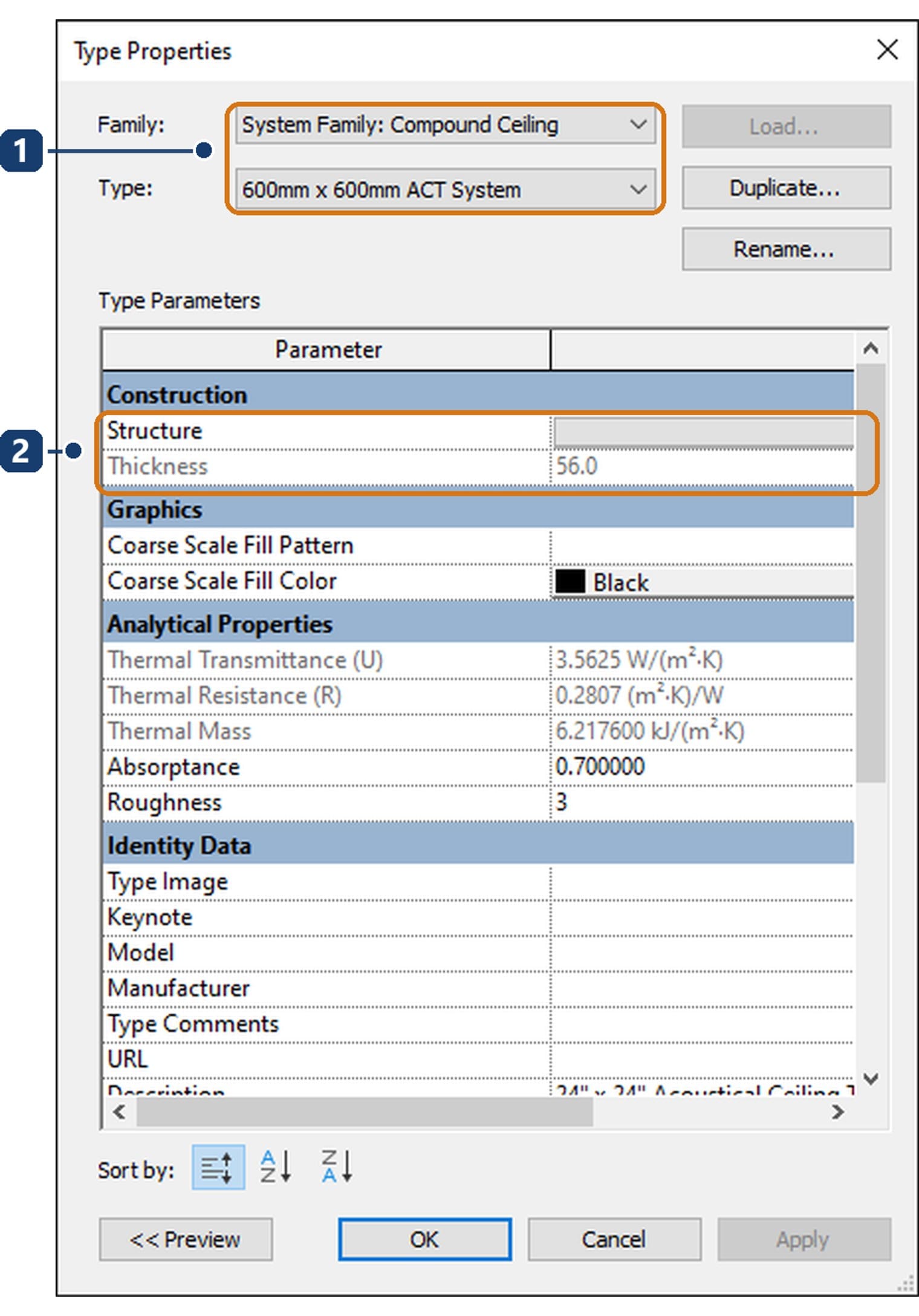 The Type Properties dialog of a ceiling type