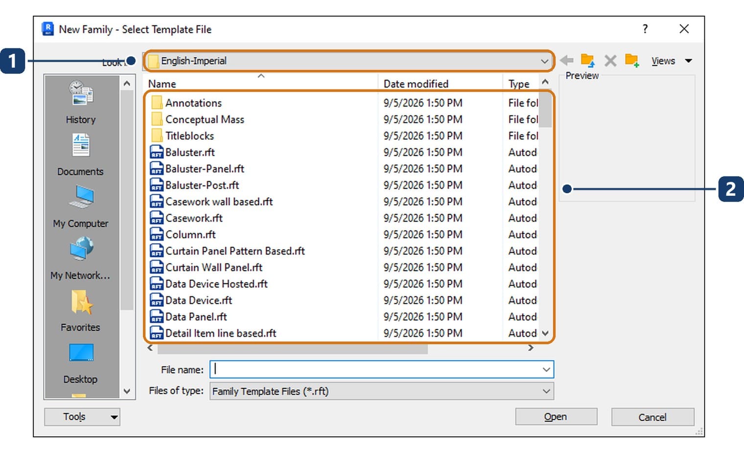 The New Family dialog as it opens in Revit 2027: the English-Imperial folder is already showing, and this is where the job goes wrong if you click Open straight away