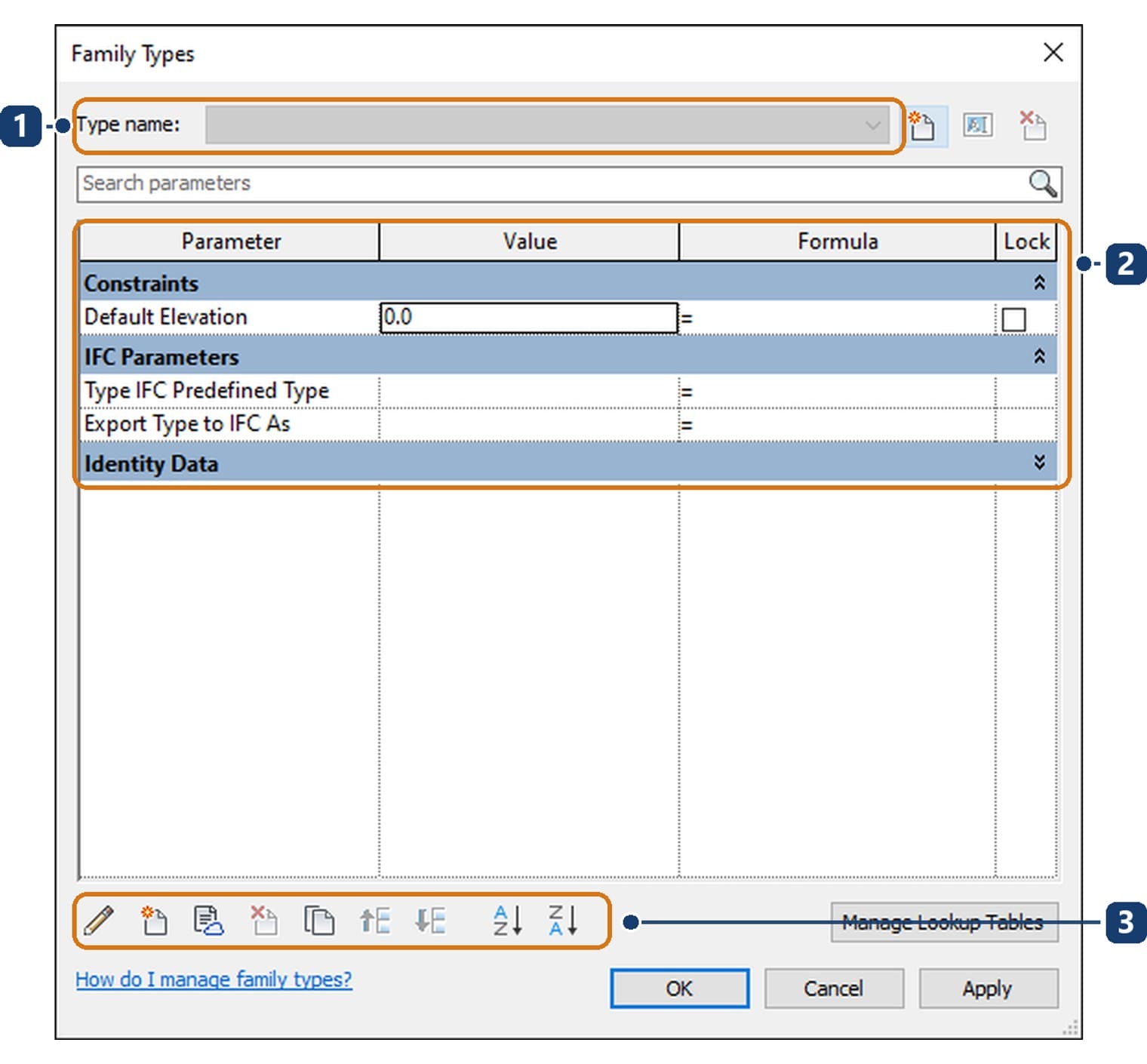 The Family Types dialog of a newly created family
