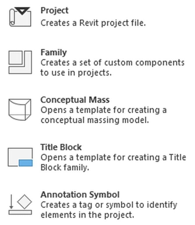 Menu File New của Revit 2027 với năm mục