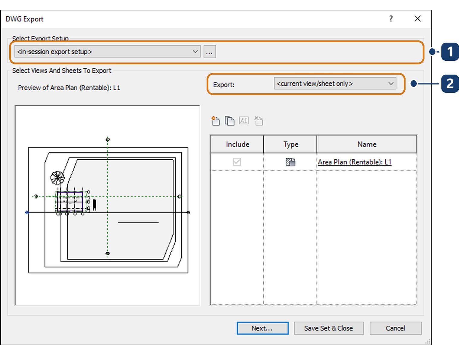 The DWG Export dialog