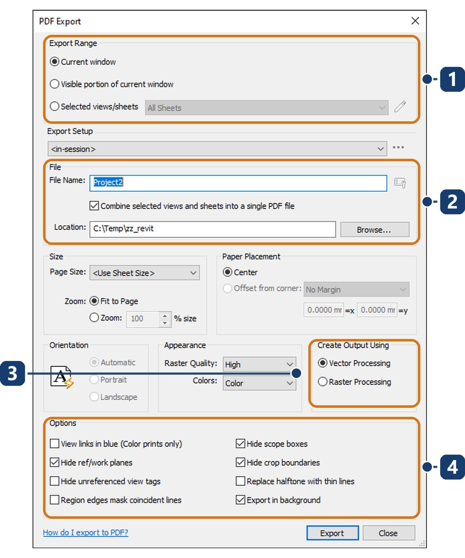 The PDF Export dialog in Revit 2027 — a separate dialog for issuing an electronic set, quite different from Print