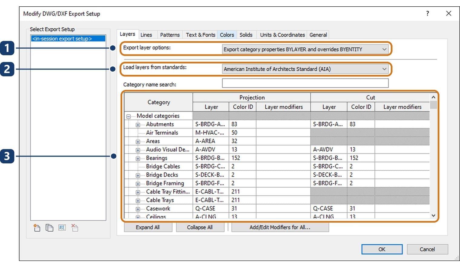 The Layers tab of the DWG DXF export setup